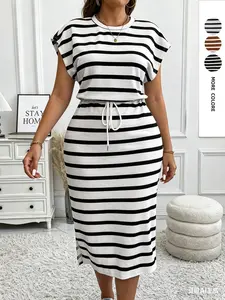 Women's Slimming Striped Dress, Casual Office High Waist Ruched Over-The-Knee Short Sleeve Dress, Lazy Split Butt Cover Long Dress