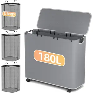 180L Laundry Basket With Lid and Removable 3 Bags, Large Rolling Laundry Hamper with Lid, 3 Section Rolling Clothes Storage With Wheels, Clothes Hamper with Wheels For Laundry Room, Grey