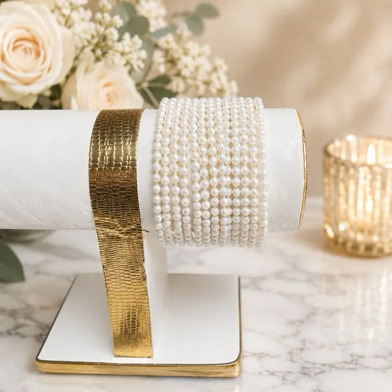 Traditional Gold-Tone Elegant White Pearl Bangle Set, 12pcs, 2.2in Size