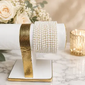 Traditional Gold-Tone Elegant White Pearl Bangle Set, 12pcs, 2.2in Size