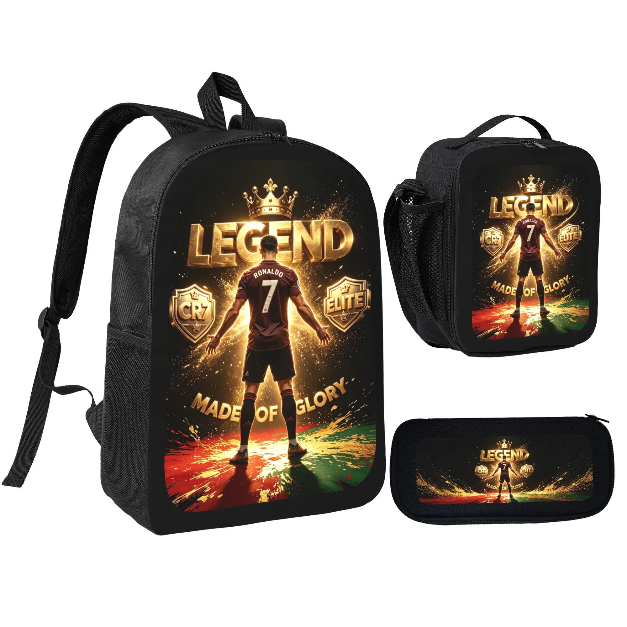 （Back to School）CR7 Soccer Backpack Set - 3-Piece School Bag for Kids, Teens, Boys with Lunch Box & Pencil Case, Black Sports Bookbag, Cool Fan Gear for Back to School