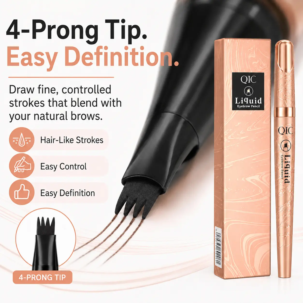 Waterproof Liquid Eyebrow Pen, 4-Prong Precision Tip for Fuller-Looking Defined Brows, Hair-Like Strokes, Smudge-Resistant Everyday Brow Makeup