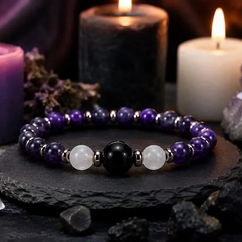 Hecate Crystal Bracelet with Amethyst, Selenite, and Black Obsidian