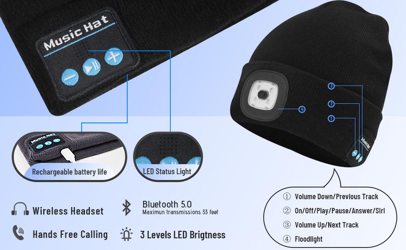 Bluetooth Beanie with a Light, Unisex USB Rechargeable 4 LED Fashlight Hat with Cordless Headphones, Unique Christmas Birthday Gifts for Men Him Husband Teen Black