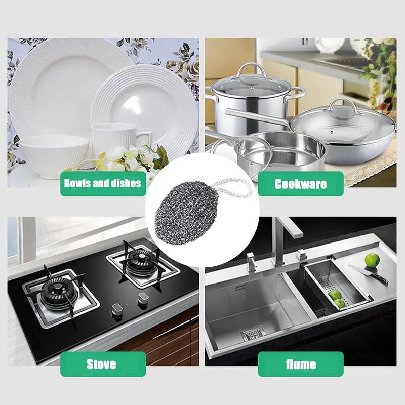 2Pcs Stainless Steel Scrubber,Wire Metal Scrubber with Lanyard | Dirty Cookware Cleaner, Steel Wire Balls for Cleaning Dishes (Silver)