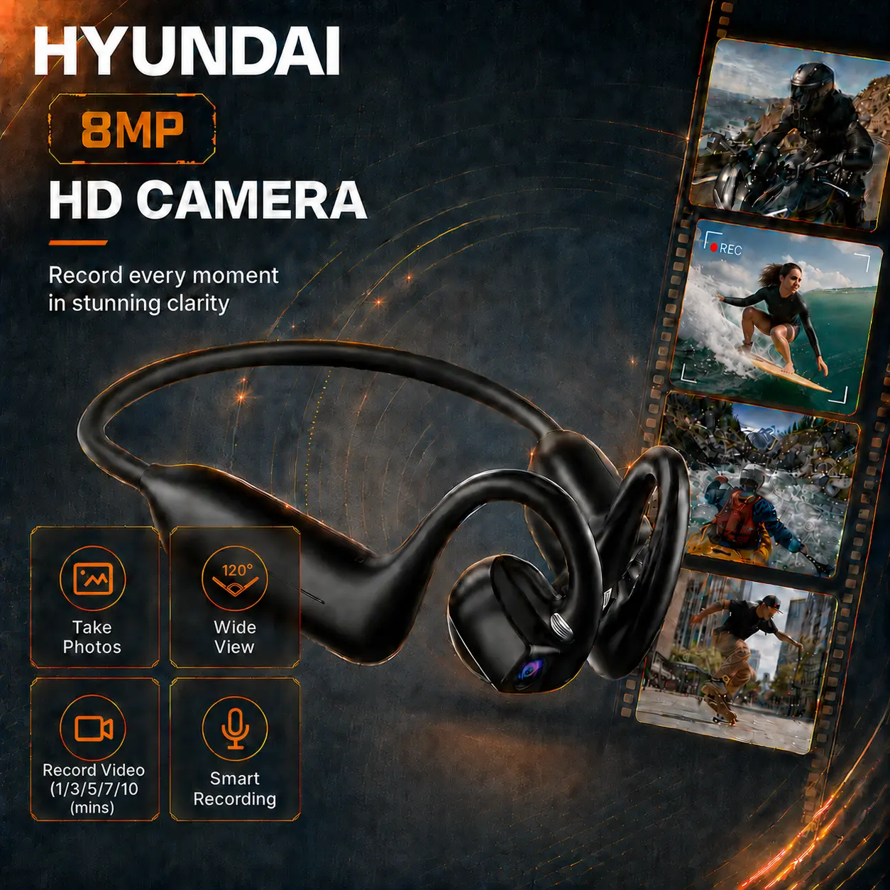 HYUNDAI E900 Open-Ear Bone Conduction Headphones with 8MP EIS Camera Support AI Smart Conversation,HD Video&Voice Recording, IP54 Waterproof Sports Headset with Touch/Button Control for Outdoor Sport &Travelling