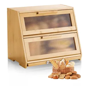 VEVOR Double Layer Bread Box for Kitchen Counter, Large Capacity Bamboo Bread Storage Container, Farmhouse Wooden Breadbox for Homemade Bread, Storage Holder Bin with Acrylic Wavy Door Panel, Natural