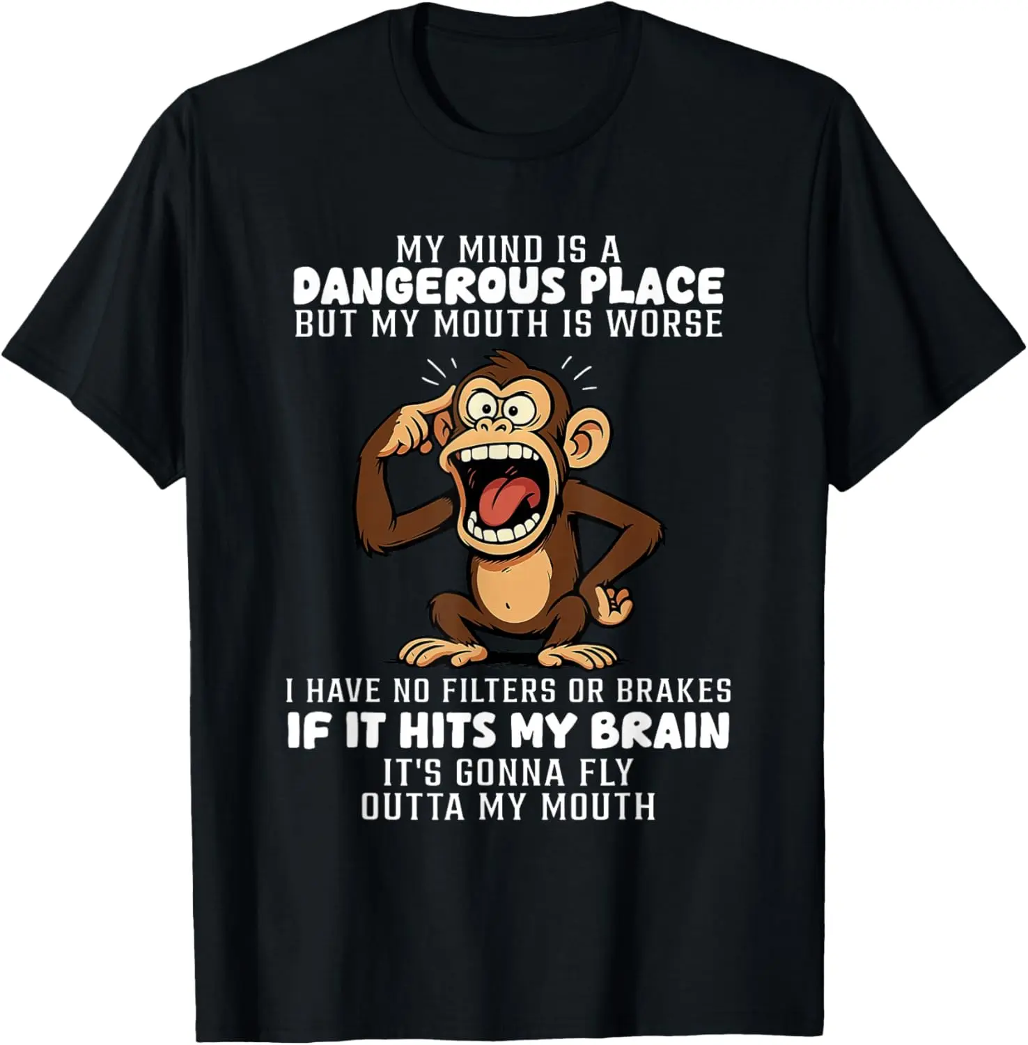 Mens Humorous Monkey Graphic T Shirt Featuring My Mind Is a Dangerous Place Slogan Perfect Casual Short Sleeve Party Tee for Fourth of July Comfortable Breathable Soft Fabric with Medium Stretch and Round Neck