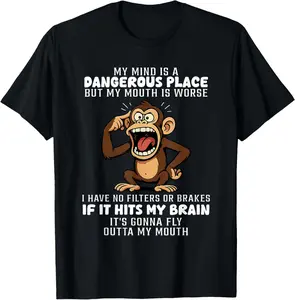 Mens Humorous Monkey Graphic T Shirt Featuring My Mind Is a Dangerous Place Slogan Perfect Casual Short Sleeve Party Tee for Fourth of July Comfortable Breathable Soft Fabric with Medium Stretch and Round Neck