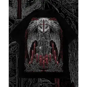 Vintage Black Dark Gothic Demon Throne Graphic T Shirt Winged Mystic Creature Cross Candle Ritual Art Print Occult Punk Aesthetic Oversized Streetwear Tee Unisex Loose Trendy TikTok Viral Casual All Season Edgy Street Fashion Outfit