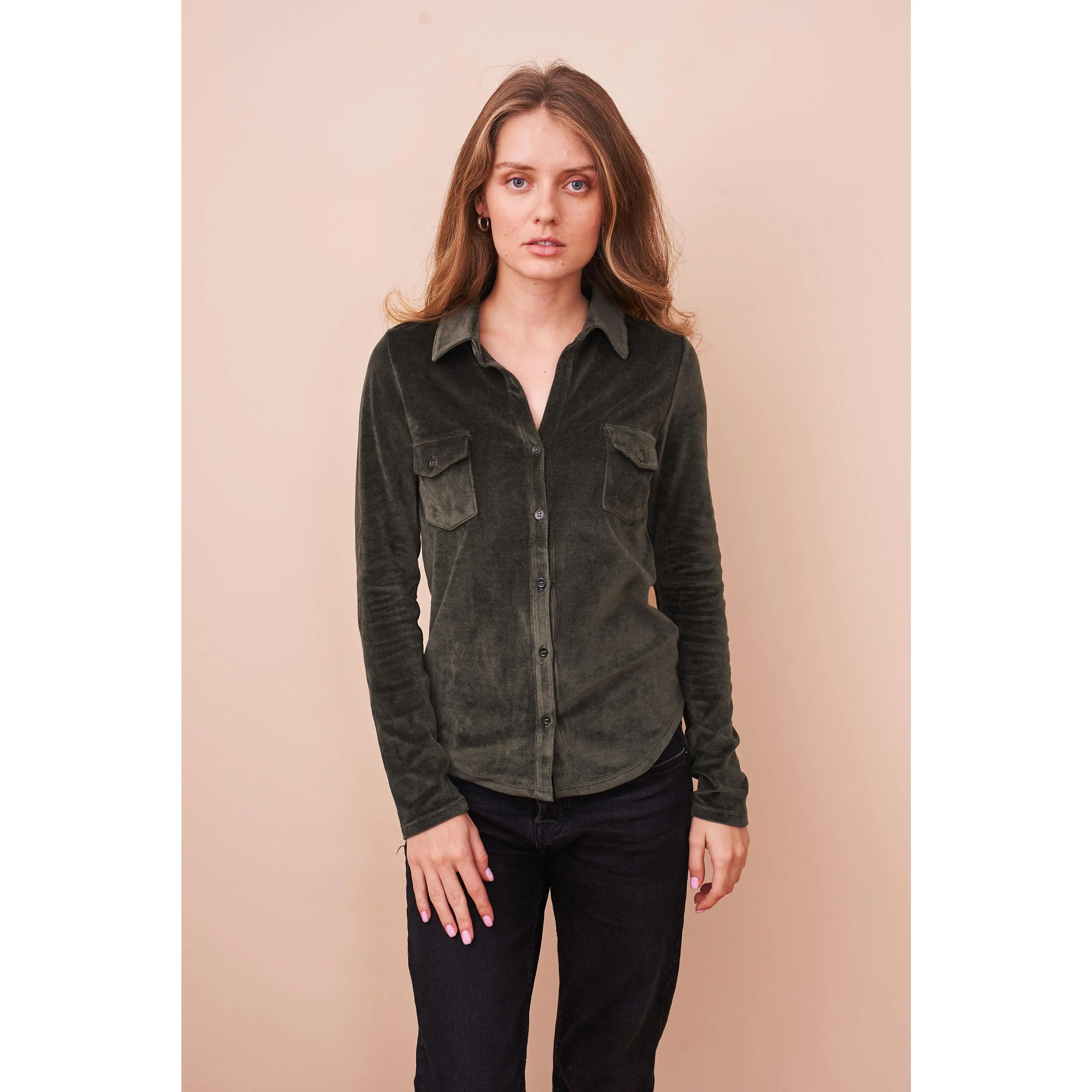 Velour Long Sleeve Pocket Shirt in Forest