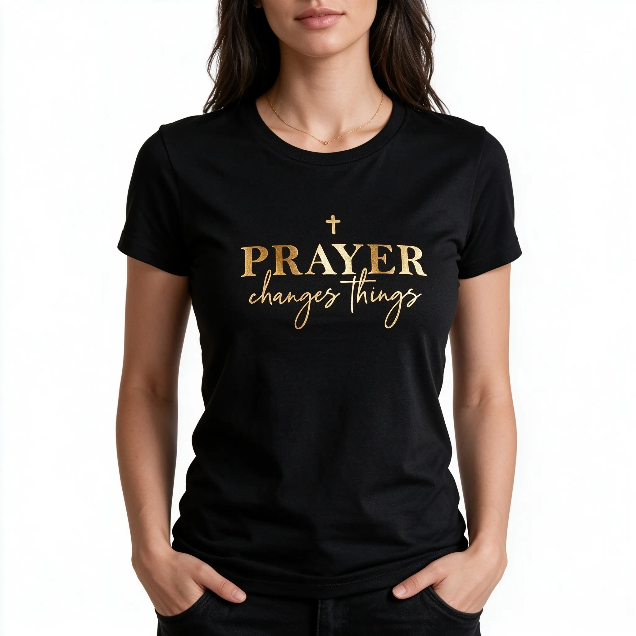 Unisex Black Short Sleeve Tee, Shiny Gold Script Cross Print, "Prayer Changes Things" Faith Graphic, Daily Casual Top, Nice Meaningful Gift for Christian Believers digital t-shirt versatile wear