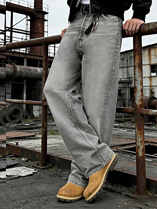 Men's New Fashion Regular Fit Jeans, Casual All-Season Washed Denim Long Pants, Classic Style, Zipper Fly, Plain Pattern