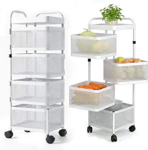 Rotating Kitchen Storage Rack, 4 Tier Rolling Cart with Fruit and Vegetable Basket, White Storage Organization Dolly Cart with Wheels for Bathroom, Kitchen and Bedroom