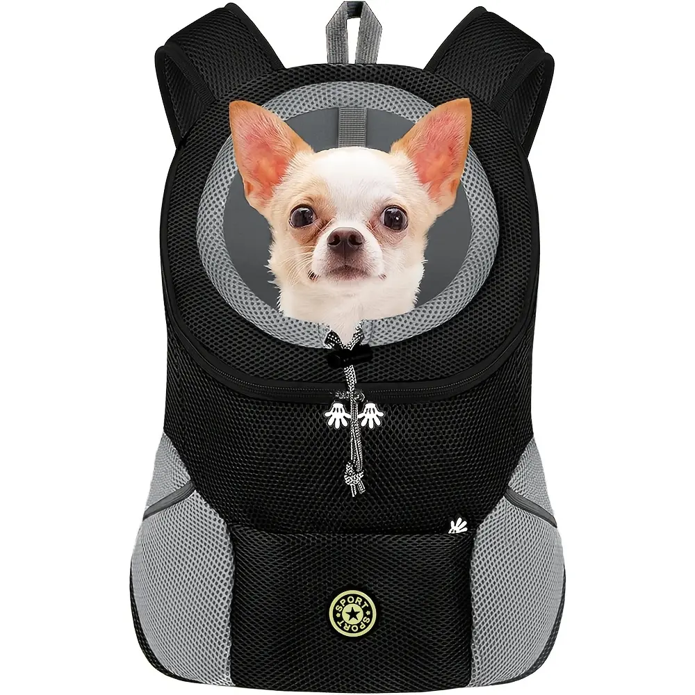 Pet Backpack Carrier, Breathable Mesh Front Pack for Small Medium Dogs & Fat Cats, Adjustable Straps with Reflective Strips & Safety Belt, Foldable Large Space Ergonomic Bag, Ideal for Hiking, Cycling, Camping, Commuting, Shopping & Vet Visits black