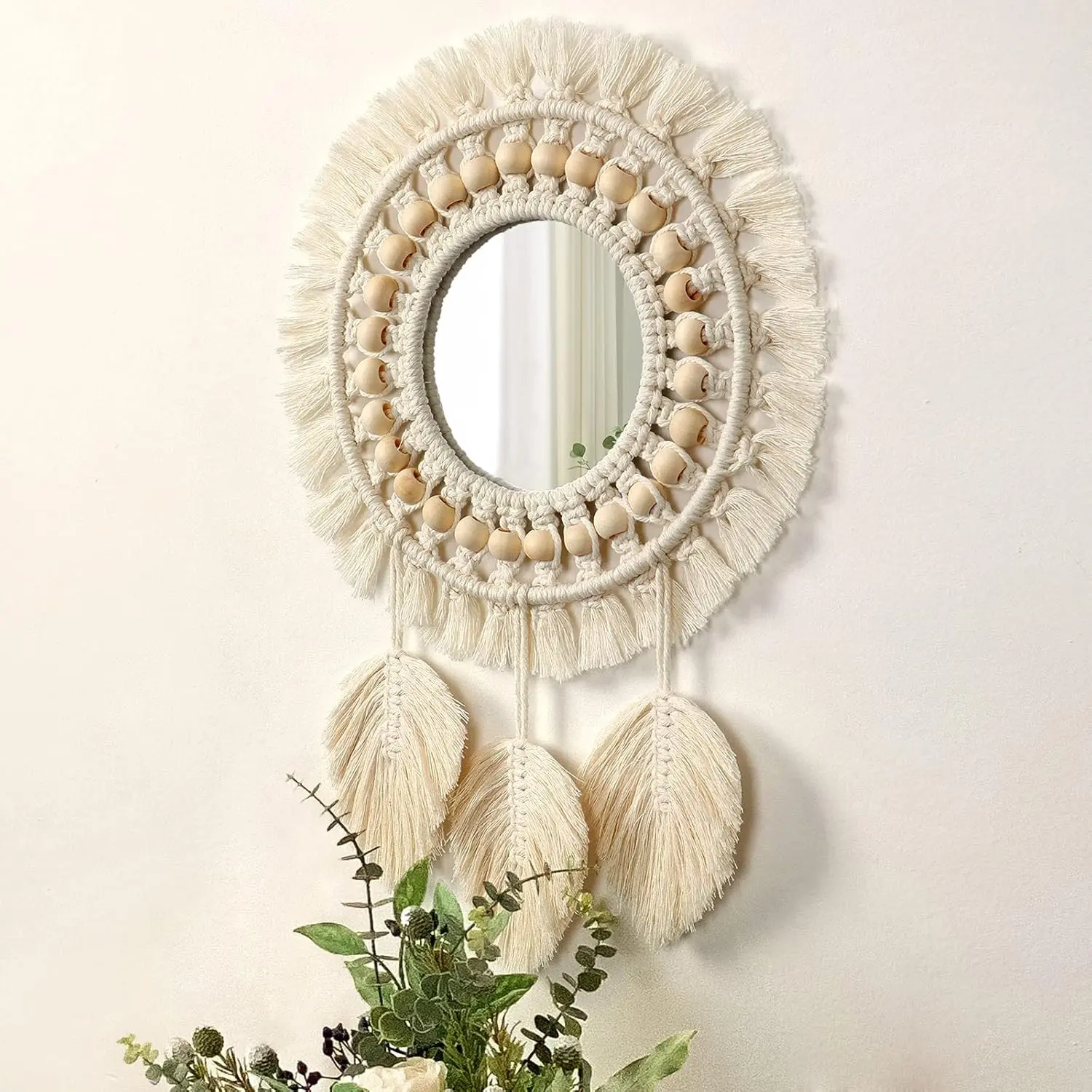 Macrame Wall Hanging with Tassels, Bohemian Style Boho Acrylic Mirror, Handmade Decorative Wall Art for Home Decor, Wall Mounted Mirror, Wall Accent Mirror