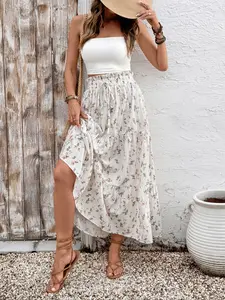 Women's Casual Layered Ruffled Long Dress with Faux Drawstring Waist, Printed Design, Perfect for Daily Wear, Stylish and Comfortible