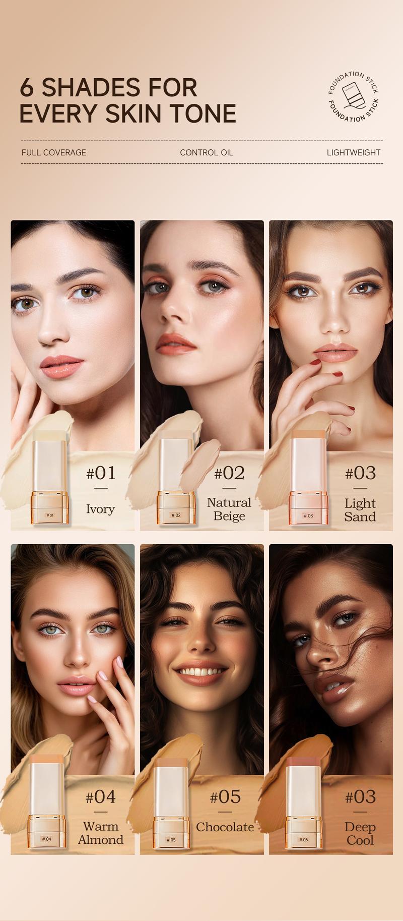 QIANWHITE Luminous Dual-Ended Concealer Foundation Stick – Built-in Brushes, Complimentary Puff, 24H Long-Lasting Waterproof Sweatproof, One-Swipe Even Flawless Base