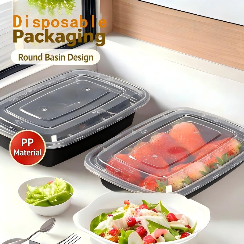 Disposable Black Rectangular Plastic Meal Prep Containers with Stackable Lids - 50 Pieces, 38 oz, Portable Lunch Boxes, Microwave & Dishwasher Safe, Home Kitchen Organizing Supplies, Outdoor Camping Use