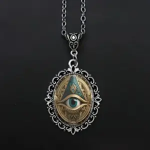 Gothic Mason Jewelry Vintage Silvery Devil's Evil Eye Oval Pendant Necklace