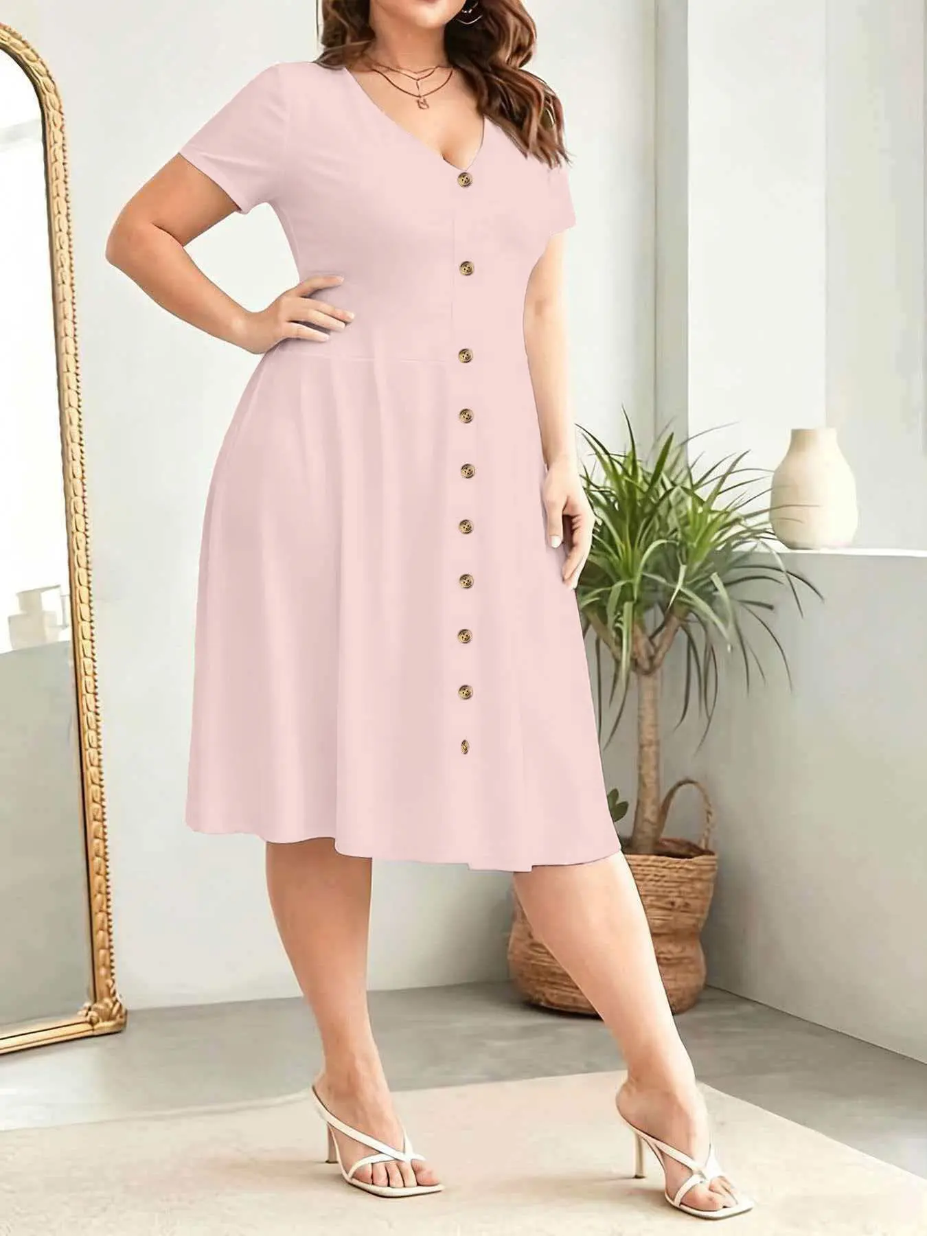 New European and American Style Summer Dress, Pure Color V Neck Waist Cinch Short Sleeve Midi Dress, Casual Wear, Basic, Sexy, Elegant, Chic and Trendy Fashion, Women, Piece