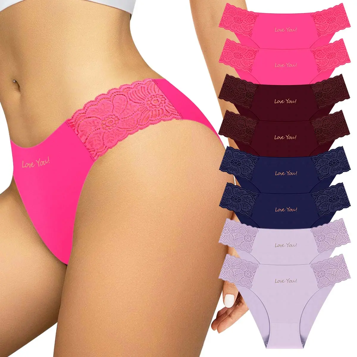 Morelect Women's 8-Pack Panties, Elegant Low Rise Briefs with Lace Trim, Soft Breathable Letter Underwear for Daily Wear, Basic, 8 Pack，Set 1, Casual Comfy Panty