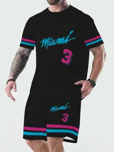 Men's Miami Tropical Text Print Tee & Shorts Set, Casual Breathable Polyester, Loose Fit Round Neck, Pocket Design, All Seasons Wear