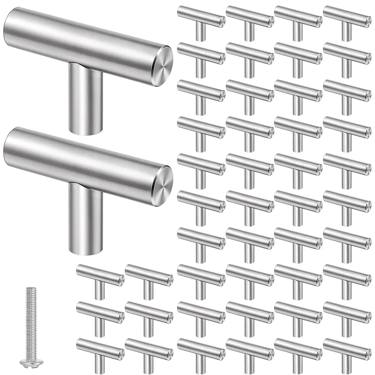50 Pack Brushed Cabinet Knobs, Kitchen Silver Pulls for Drawer Stainless Steel Dresser Cabinet Handles 2 in Length Single Hole T Bar Drawer Knob for Kitchen Cabinets and Dressers