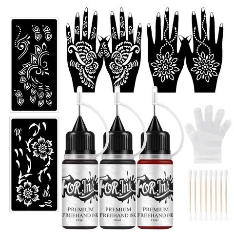 Temporary Tattoo Ink & Stencil Kit, 3 Bottles Ink & 6 Sheets Stencils, DIY Temporary Tattoo Kit, Body Art Cosmetic Makeup Set, Tattoo Tool Accessory, Trending Tattoo Stencil Supply, Tattoo Supplies