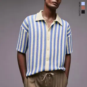 Stylish striped knitted polo shirt!Loose version, breathable fabric, perfect for summer getaway and street style | Breathable Y2K Streetwear | Breathable Summer Beach Top