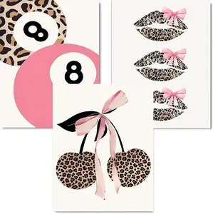 5D Full Drill Diamond Painting Set, 3-Piece Y2K Leopard Print Art, 8-Ball, Lips & Cherry Coquette Aesthetic DIY Wall Decor