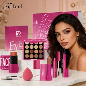 Popfeel Travel Makeup Set, Full Face Beauty Combo with Eyeshadow, Lip Gloss, Foundation Liquid, and Makeup Brushes, Daily Gift Choice