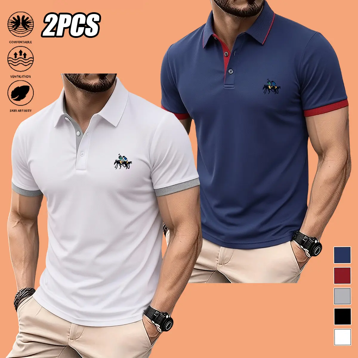 2-pack men’s summer fashion short-sleeve golf T-shirts with a turn-down collar and knight print, suitable for business and leisure occasions such as tennis and golf; men’s apparel, ideal as a gift.