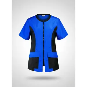 StylistWear Women's Slim-Fitting Color-Block Mesh Workwear Jacket, Front Zipper, Flap Pockets, Side Back Panels, Ventilation, Royal & Black, XS-5XL Plus Size Uniform