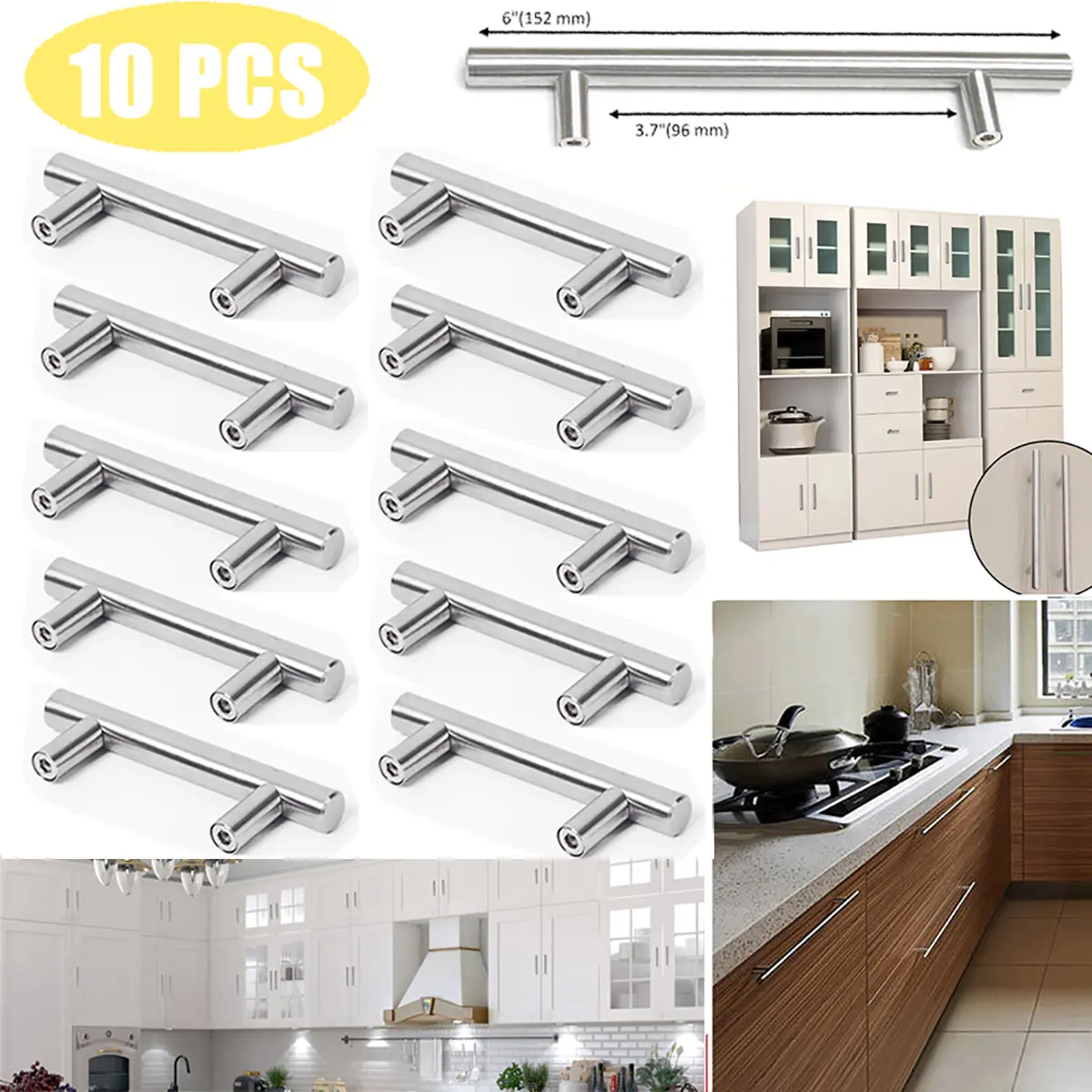 10-Pack 6" Brushed Nickel T-Bar Cabinet Door Handles, Stainless Steel Drawer Hardware, Easy-to-Install for Cabinets & Drawers with Included Screws
