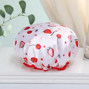 Double Layer Waterproof Strawberry Shower Cap, 1 Count Reusable Shower Cap, Bathroom Hair Cover, Bathroom Supplies, Home Supplies