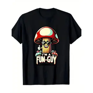 1pc Men's Casual Cotton T-Shirt with "I'm a Fun Guy" Mushroom Graphic Round Neck Short Sleeve Breathable Cool for Summer Outdoor Sports Office Gift Casual Wear Tee