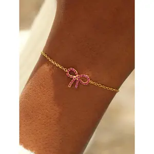 925 Sterling Silver Pink Zircon Bow Decor Bracelet, Fashionable Jewelry for Women & Girls, Trendy All-match & Exquisite Jewelry for Birthday Gift, Pretty Bracelet, Bow Bracelets