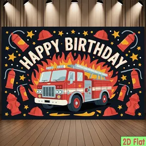 2D Flat Banner 1pc, Party Banner Red Fire Truck Fire Extinguisher Happy Birthday Polyester Backdrop Event Decoration Home Garden Farm Room Courtyard Living Club Room Photography Live Streaming Wedding Gift Festival
