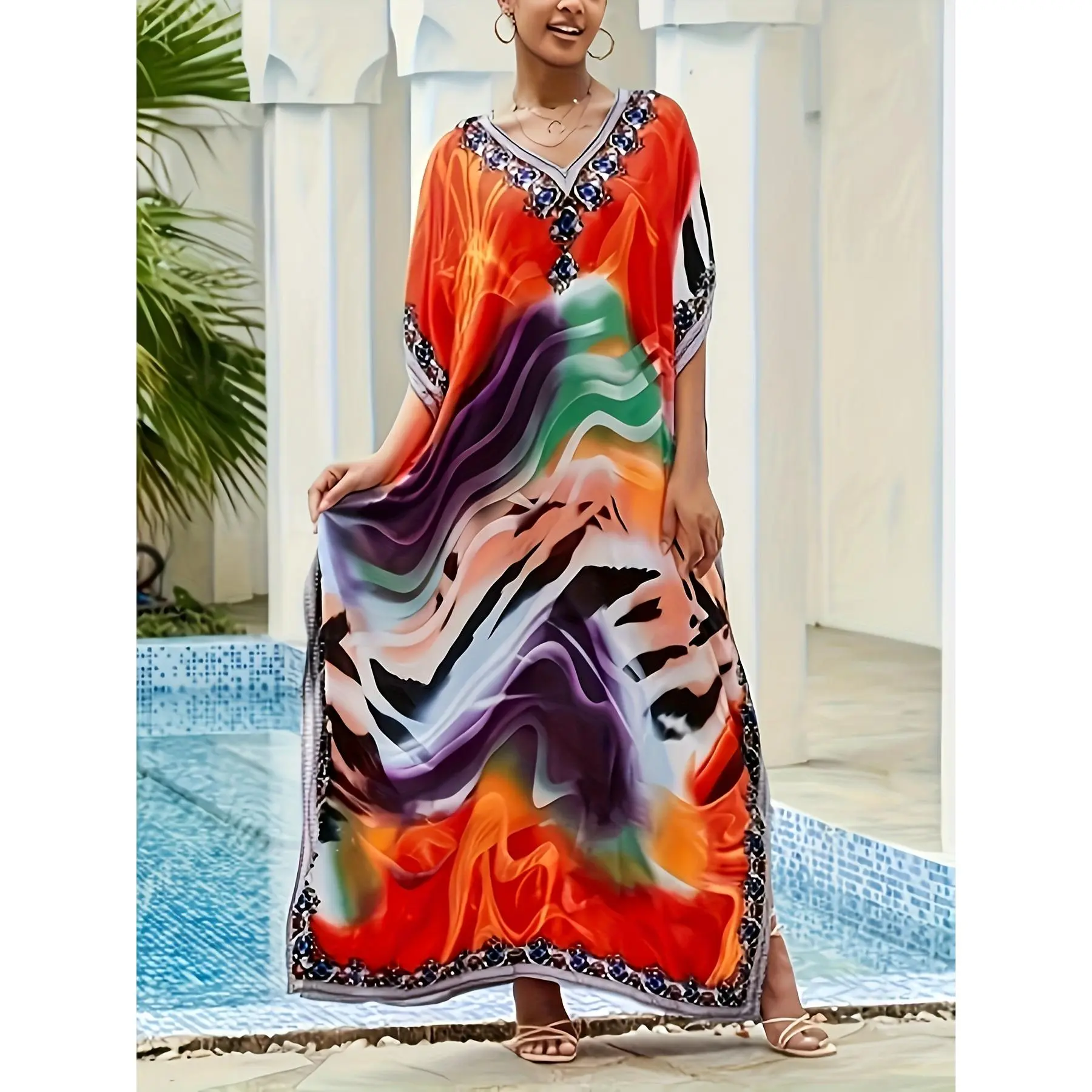 Women'S Summer V-Neck Bohemian Full Print Batwing Sleeve Loose Slit Kaftan, Muslim Style Long Robe, Middle Eastern Dress, Turkish Fashion Plus Size Women'S Wear - Polyester 95%, Elastane 5%, Slight Stretch, All-Season, Big-Tall Silhouette, 120g/m² Woven F