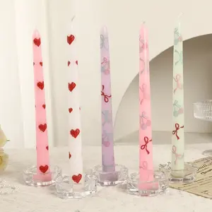Valentine's Day Colorful Long Stick Bow Print Candles, Smokeless Romantic Home Decor, Wedding Heart Candle Set, 2pcs Per Box