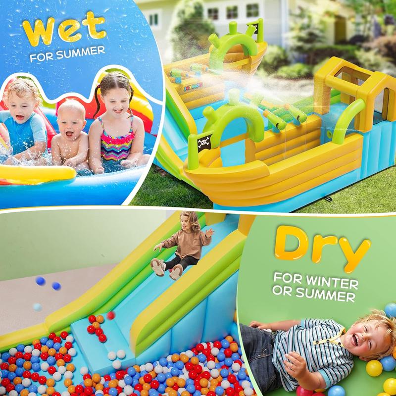 JOYMOR Inflatable Water Slide Park, 2 Pirate-Boat Giant Water Slide Bounce House w/4 Water Cannons, Challenge Climbing Wall, 10-in-1 Water Slides for Kids Backyard Outdoor w/Blower, Up to 6 Kids