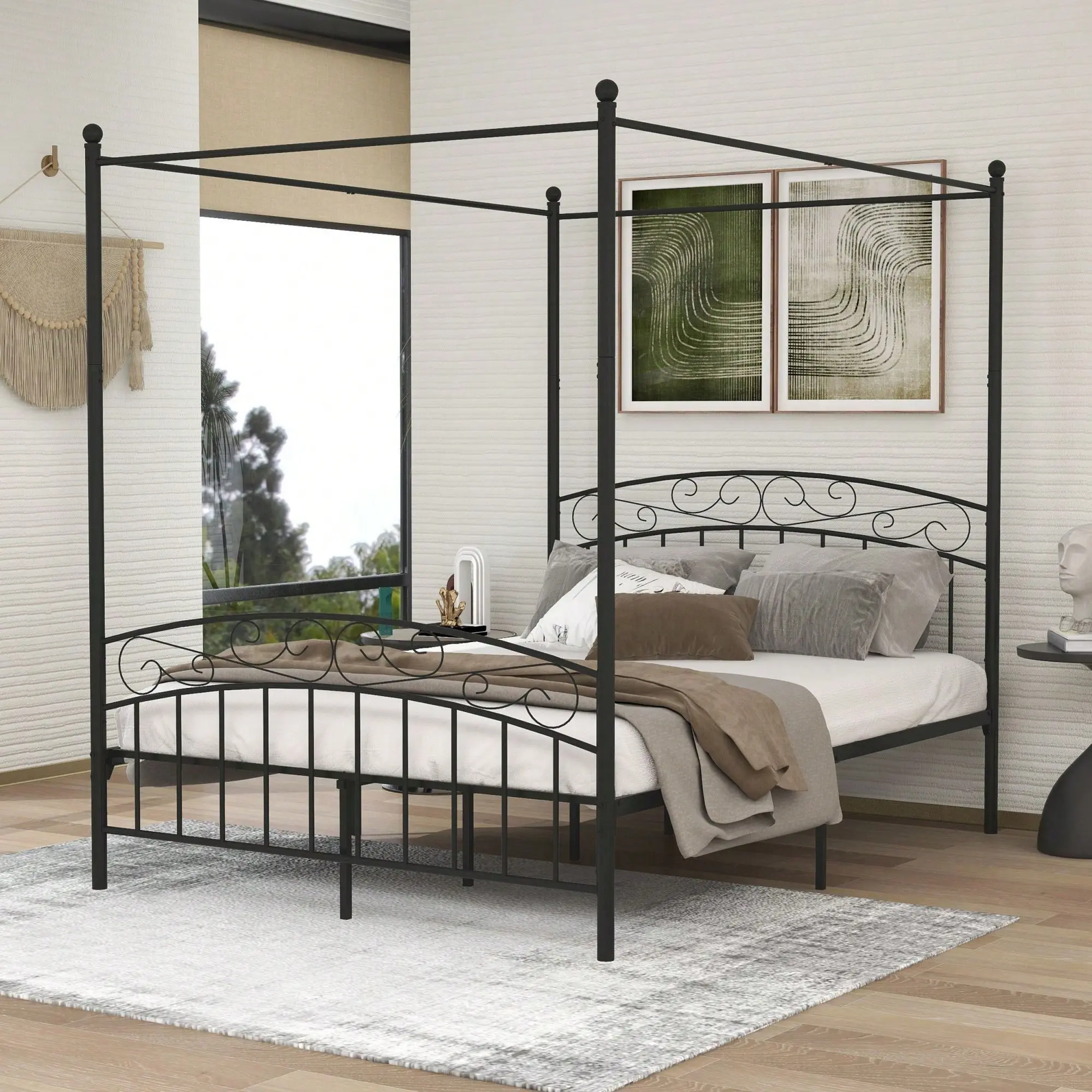 4-Poster Canopy Metal Platform Bed Frame - Bedroom Furniture with Headboard, Footboard, Sturdy Heavy-Duty Steel Slat Support, No Box Spring Needed, Canopy Bed