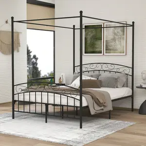 Canopy Bed Frame Four-Poster Metal Platform Bed With Headboard And Footboard Sturdy Heavy Duty Steel Slat Support No Box Spring Needed