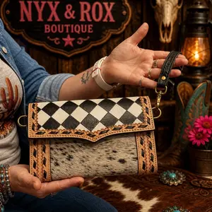 Hyde Black and White Checkered Hair Crossbody/Wristlet - Fashionable Design for Daily Use
