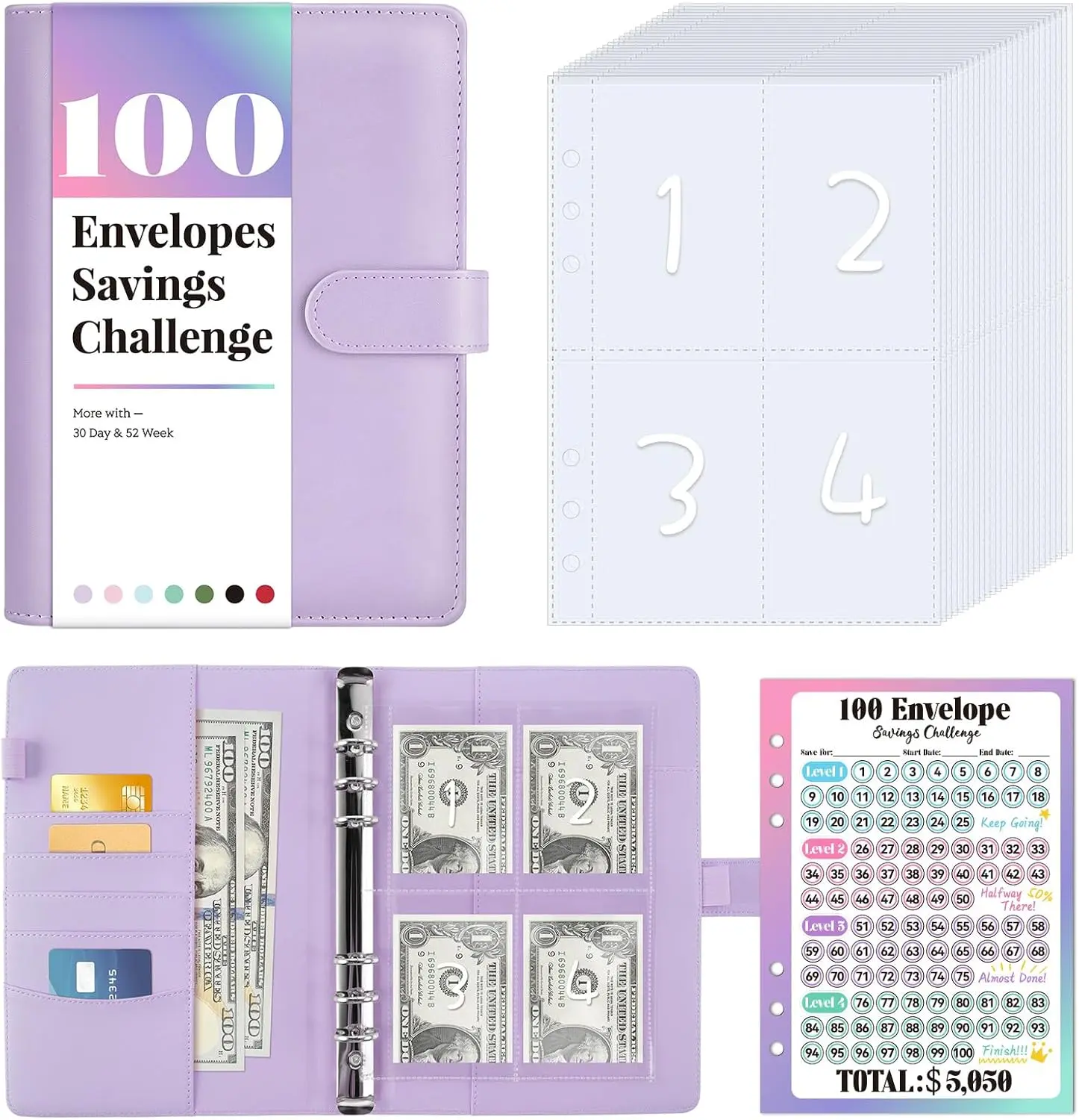 Sooez 100 Envelopes Money Saving Challenge, Savings Challenges Book with Envelopes & Challenge Tracker, Motivational Process to save $5050, Money Saving Binder 100 Pocket Pre-Numbered, Purple Sooez