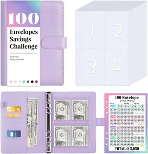 Sooez 100 Envelopes Money Saving Challenge, Savings Challenges Book with Envelopes & Challenge Tracker, Motivational Process to save $5050, Money Saving Binder 100 Pocket Pre-Numbered, Purple Sooez