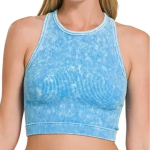 Washed Ribbed Seamless Cropped Tank Top - Deep Sky