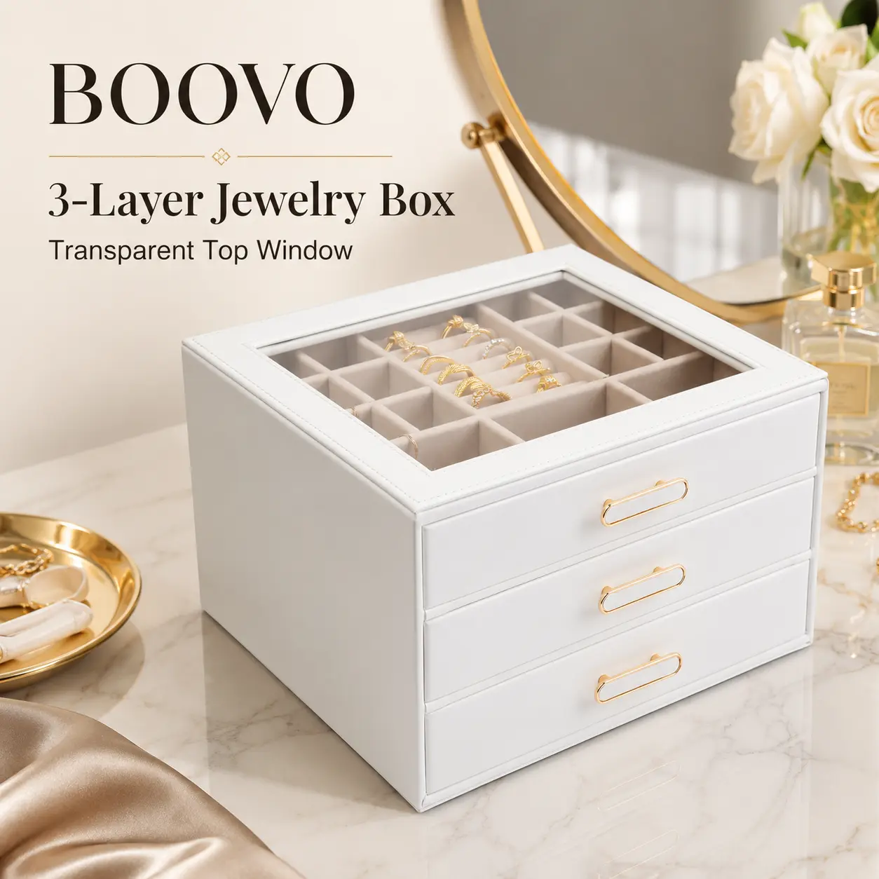 BOOVO 3-Tier Glass-Lid Jewelry Organizer Clear Top Vanity Storage, Large Capacity High-End PU Leather Jewelry Box, Anti-Tarnish Velvet  for Necklaces & Rings for Women