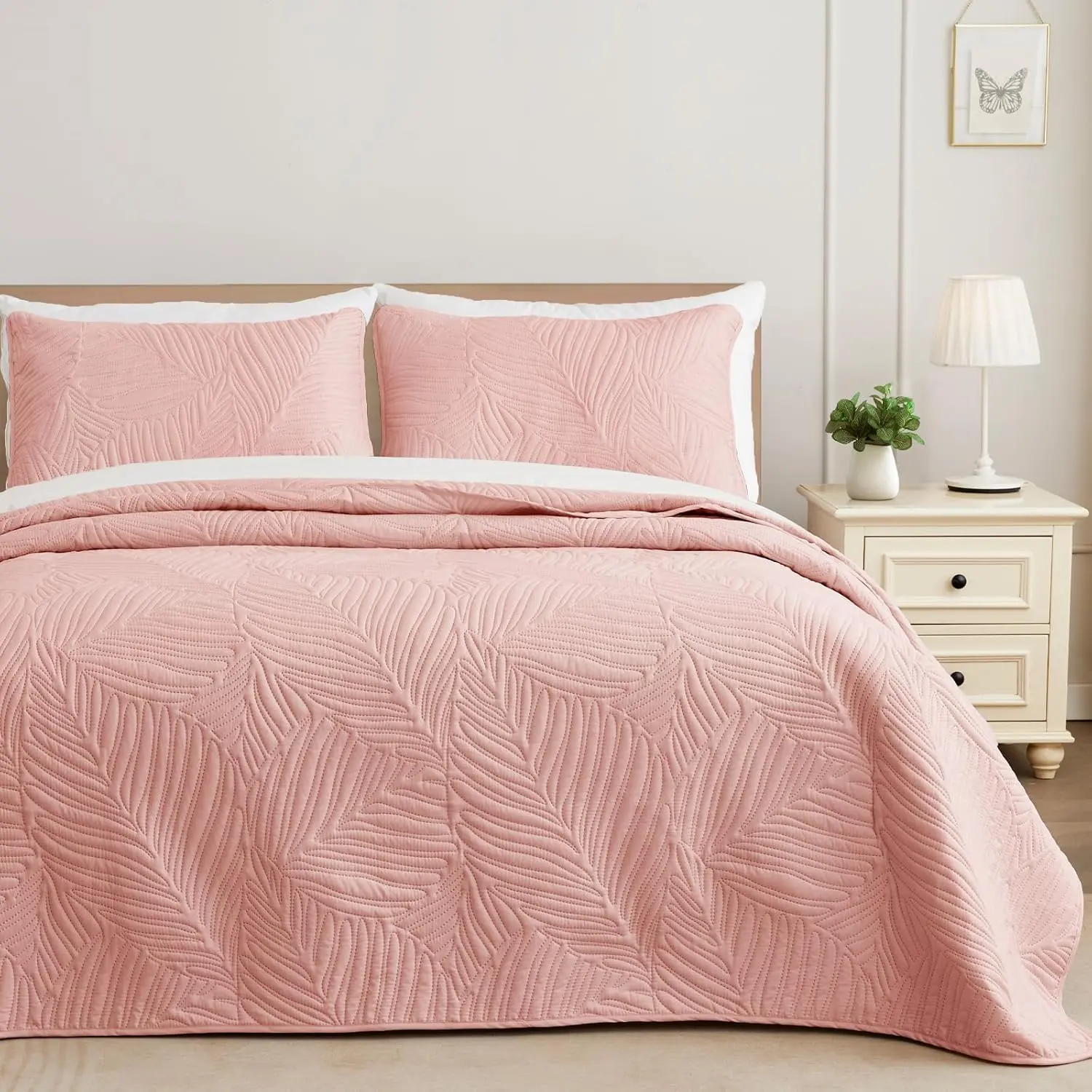 King Queen Quilt Bedding Set, Modern leaf Pattern Bedspreads Set for All Seasons, Soft And Cozy Quilt Set for Bedroom Decor,3 Piece(1 Quilt,2 Pillow Shams)